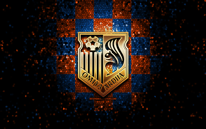 Omiya Ardija FC, glitter logo, J2 League, orange blue checkered background, soccer, japanese football club, Omiya Ardija logo, mosaic art, football, Omiya Ardija