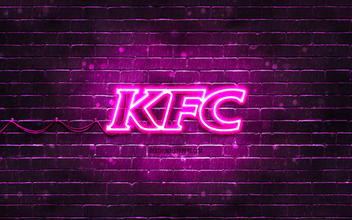 KFC violetti logo, 4k, violetti tiilisein&#228;, KFC-logo, tuotemerkit, KFC neonlogo, KFC