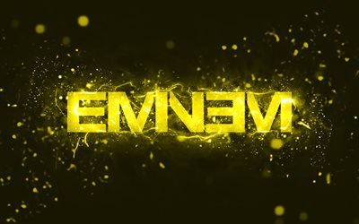 Logo Eminem giallo, 4k, rapper americano, luci al neon gialle, creativo, sfondo astratto giallo, Marshall Bruce Mathers III, logo Eminem, stelle della musica, Eminem