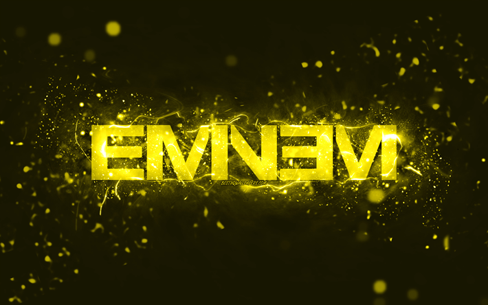 Eminem yellow logo, 4k, american rapper, yellow neon lights, creative, yellow abstract background, Marshall Bruce Mathers III, Eminem logo, music stars, Eminem