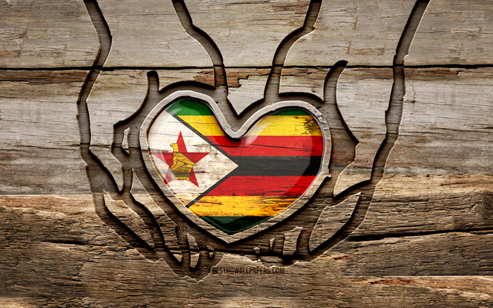Rakastan Zimbabwea, 4K, puuveistok&#228;det, Zimbabwen p&#228;iv&#228;, Zimbabwen lippu, huolehdi Zimbabwesta, luova, Zimbabwen lippu k&#228;dess&#228;, puunveisto, afrikkalaiset maat, Zimbabwe