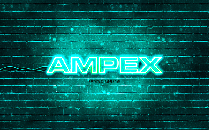 Logo turchese Ampex, 4k, muro di mattoni turchese, logo Ampex, marchi, logo neon Ampex, Ampex