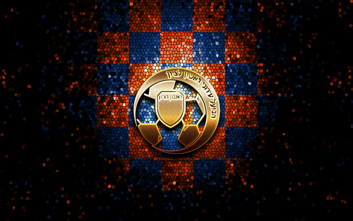 Hapoel Ironi Rishon FC, glitter logo, Leumit League, orange blue checkered background, soccer, Israeli football club, Hapoel Ironi Rishon logo, mosaic art, football, Hapoel Ironi Rishon