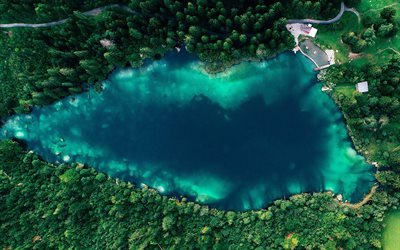 aerial view, blue lake, forest, summer, beautiful nature, blue water, HDR, travel concepts