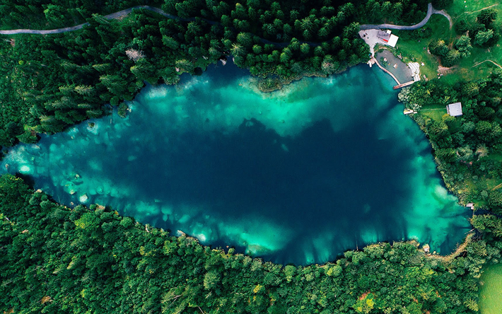 航空写真, 青い湖, 森，森林, 夏。, 美しい自然, Blue water, Hdr, 旅行の概念