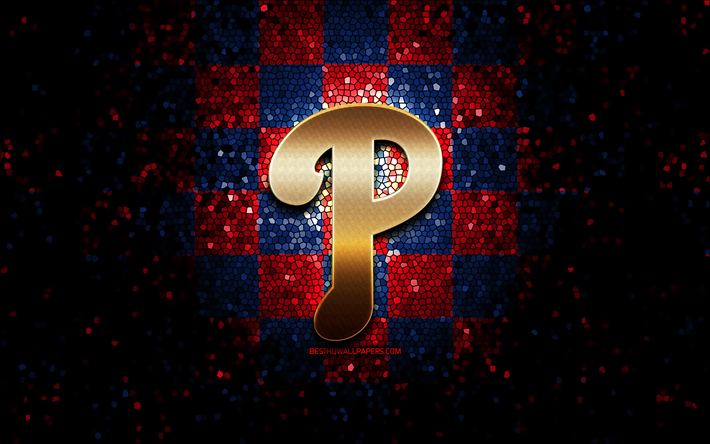 Emblema de los Filis de Filadelfia, logotipo brillante, MLB, fondo a cuadros azul rojo, equipo de b&#233;isbol estadounidense, b&#233;isbol de las Grandes Ligas, arte de mosaico, b&#233;isbol, Filis de Filadelfia