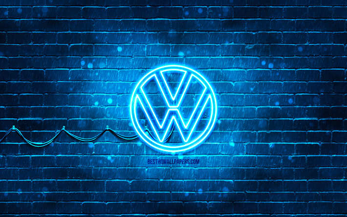 Volkswagen bl&#229; logotyp, bl&#229; tegelv&#228;gg, 4k, Volkswagen ny logotyp, bilm&#228;rken, VW logotyp, Volkswagen neon logotyp, Volkswagen 2021 logotyp, Volkswagen logotyp, Volkswagen