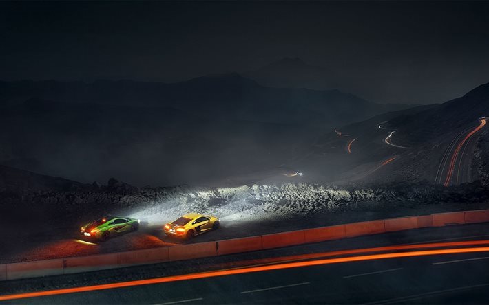 Audi R8, McLaren P1, night, serpentine, mountains