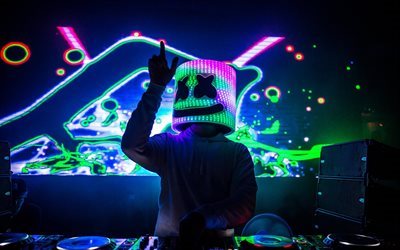 Marshmello, night club, DJ, neon light, progressive house, concert