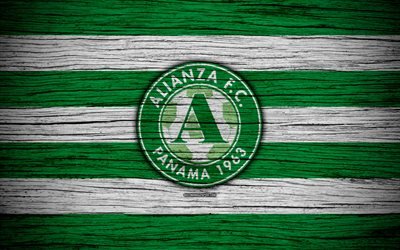 Alianza FC, 4k, LPF, le football, la Liga Panamena, logo, club de football, le Panama, Alianza, de soccer, de bois, texture