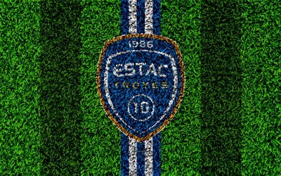 ES Troyes AC, 4k, football lawn, logo, french football club, grass texture, emblem, blue white lines, Ligue 1, Troyes, France, football, Troyes FC