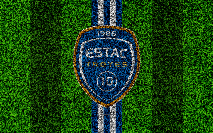 هو Troyes AC, 4k, كرة القدم العشب, شعار, نادي كرة القدم الفرنسي, العشب الملمس, الأزرق خطوط بيضاء, الدوري الفرنسي 1, تروا, فرنسا, كرة القدم, تروا FC