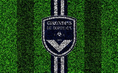 FC Girondins de Bordeaux, 4k, football lawn, logo, french football club, grass texture, emblem, blue white lines, Ligue 1, Bordeaux, France, football, Bordeaux FC