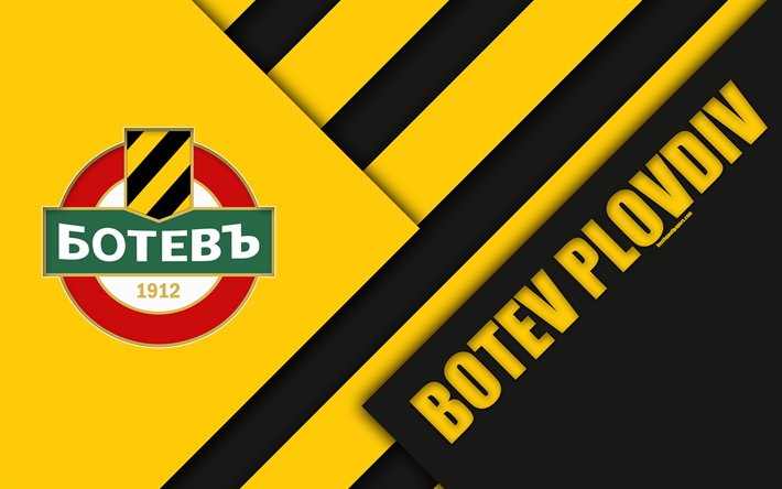 PFC Botev Plovdiv, 4k, material design, logo, bulgaro football club, nero, giallo astrazione, emblema, Parva Liga, Plovdiv, Bulgaria, calcio