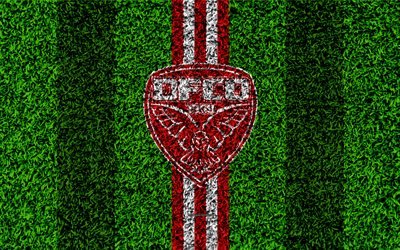 Dijon FCO, 4k, football lawn, logo, French football club, grass texture, emblem, red white lines, Ligue 1, Dijon, France, football