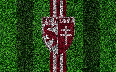 FC Metz, 4k, football lawn, logo, French football club, grass texture, emblem, purple white lines, Ligue 1, Metz, France, football