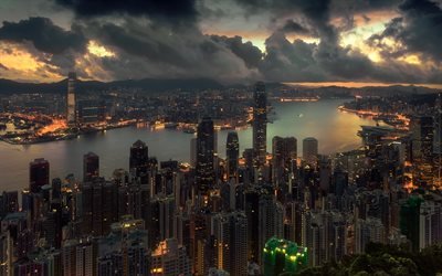 Hong Kong, rascacielos, urbano, nubes, metropolis, puesta de sol, noche