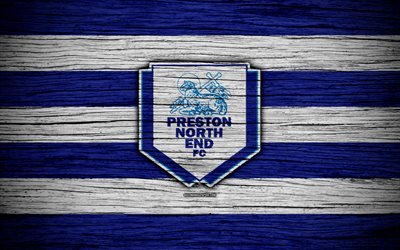 Preston North End FC, 4k, EFL Championship, soccer, football club, England, Preston North End, logo, wooden texture, FC Preston North End