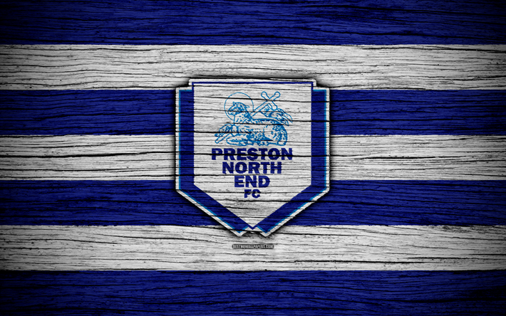 Preston North End FC, 4k, HAZIRLIK Şampiyonası, futbol, futbol kul&#252;b&#252;, İngiltere, Preston North End, logo, ahşap doku, FC Preston North End