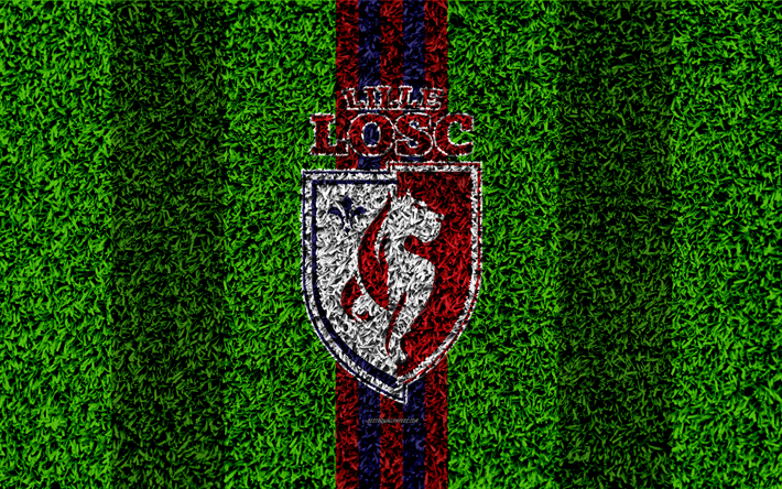 Lille OSC, 4k, calcio prato, logo, club di calcio francese, erba, trama, simbolo, rosso, nero, linee, Ligue 1, il Lille, in Francia, il calcio, il Lille Olympique Sporting Club