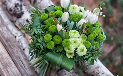 春結婚花束, 緑花, 菊, 緑花束, チューリップ白, 花束の花嫁, 結婚式の概念