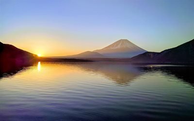 4k, Mount Fuji, sunset, japansk landm&#228;rken, berg, Japan, Asien