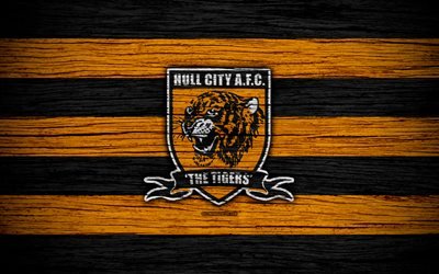 Hull City FC, 4k, EFL Campeonato de f&#250;tbol, club de f&#250;tbol de Inglaterra, de la Ciudad de Hull, el logotipo, la madera, la textura, el FC de la Ciudad de Hull