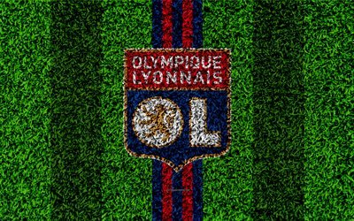 Olympique Lyonnais, 4k, football lawn, logo, French football club, grass texture, emblem, red blue lines, Ligue 1, Lyon, France, football, Lyon FC