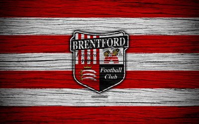 Brentford FC, 4k, EFL Championnat, football, club de football, l&#39;Angleterre, Brentford, le logo, la texture de bois