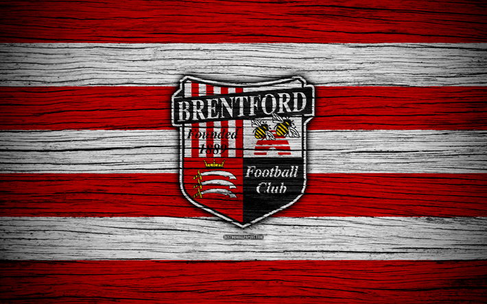Brentford FC, 4k, EFL Campeonato, futebol, clube de futebol, Inglaterra, Brentford, logo, textura de madeira
