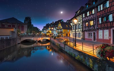 Colmar, canal, rua, noturnas, Fran&#231;a, Europa
