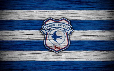 Cardiff City FC, 4k, EFL Championship, soccer, football club, England, Cardiff City, logo, wooden texture, FC Cardiff City