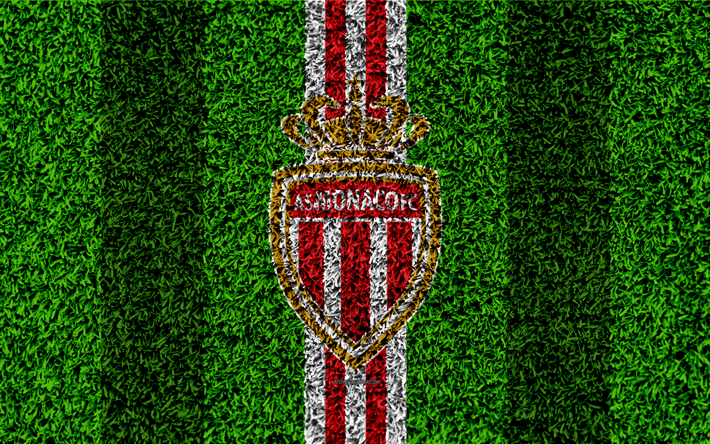 As Monaco FC, 4k, futebol gramado, logo, Clube de futebol franc&#234;s, grama textura, emblema, vermelho branco linhas, Ligue 1, Monaco, Fran&#231;a, futebol