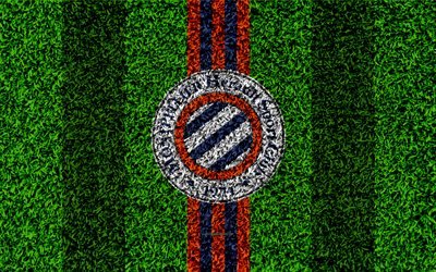 Montpellier FC, 4k, football de la pelouse, un logo, un club fran&#231;ais de football, de l&#39;herbe, de la texture, de l&#39;embl&#232;me rouge noir lignes, Ligue 1, Montpellier, France, football