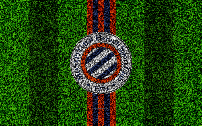 Montpellier FC, 4k, football de la pelouse, un logo, un club fran&#231;ais de football, de l&#39;herbe, de la texture, de l&#39;embl&#232;me rouge noir lignes, Ligue 1, Montpellier, France, football
