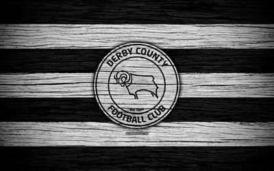 Derby County FC, 4k, EFL Campeonato de f&#250;tbol, club de f&#250;tbol de Inglaterra, del Condado de Derby, el logotipo, la madera, la textura, el FC Derby County