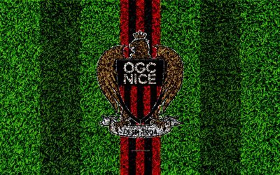 OGC Nice, 4k, football lawn, logo, French football club, grass texture, emblem, red black lines, Ligue 1, Nice, France, football, Nice FC
