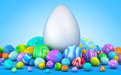 Easter, blue background, 3d Easter eggs, decoration, art