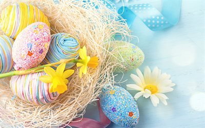 Happy Easter, 4k, flowers, Easter eggs, chamomile, easter decoration, Easter