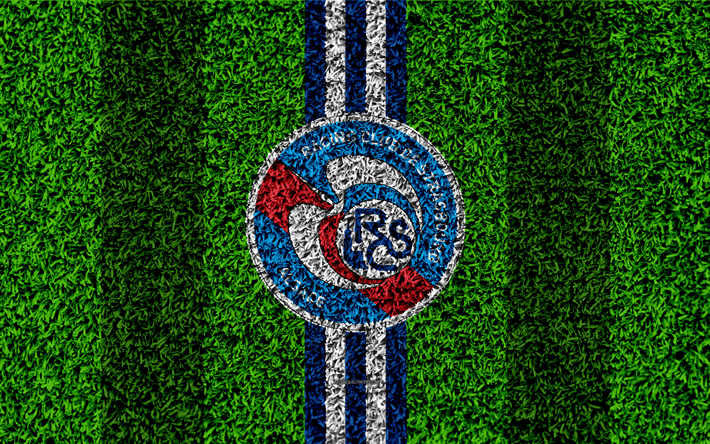 RC Strasbourg Alsace, 4k, football lawn, Strasbourg logo, French football club, grass texture, emblem, blue white lines, Ligue 1, Strasbourg, France, football