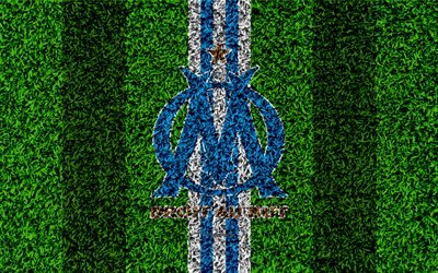 L&#39;Olympique de Marseille, 4k, calcio prato, logo, club di calcio inglese, erba, trama, simbolo, rosso, nero, linee, Ligue 1, Marsiglia, Francia calcio, Marsiglia FC