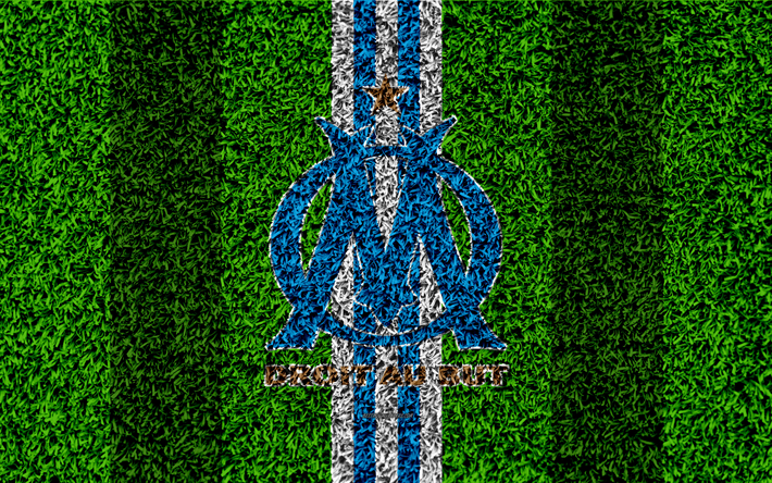 Olympique de Marseille, 4k, football lawn, logo, French football club, grass texture, emblem, red black lines, Ligue 1, Marseille, France, football, Marseille FC