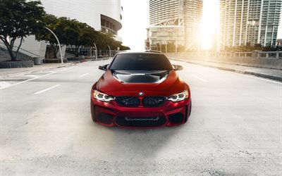 BMW M3, 2018, F80, n&#228;kym&#228; edest&#228;, M3 viininpunainen, tuning M3, Saksan autoja, BMW
