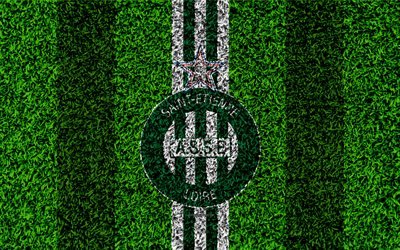 L&#39;as Saint-Etienne FC, 4k, football de la pelouse, un logo, un club fran&#231;ais de football, texture d&#39;herbe, l&#39;embl&#232;me, le vert des lignes blanches, Ligue 1, Saint-Etienne, France, football