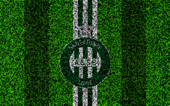 AS Saint-Etienne FC, 4k, football lawn, logo, French football club, grass texture, emblem, green white lines, Ligue 1, Saint-Etienne, France, football