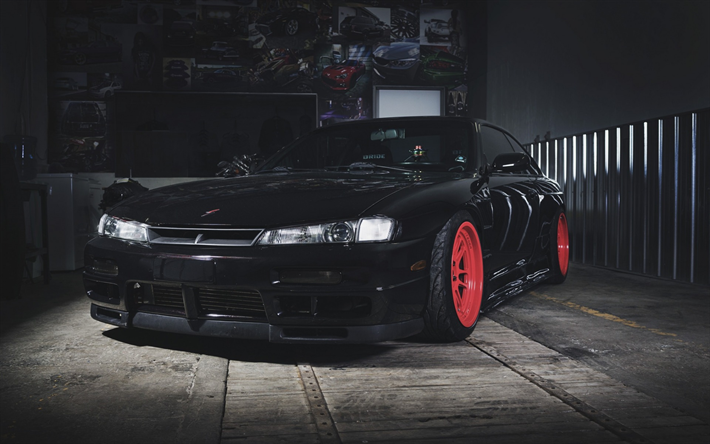 Nissan Silvia, S14, 1993, front view, black sports coupe, tuning Silvia, Japanese cars, Nissan