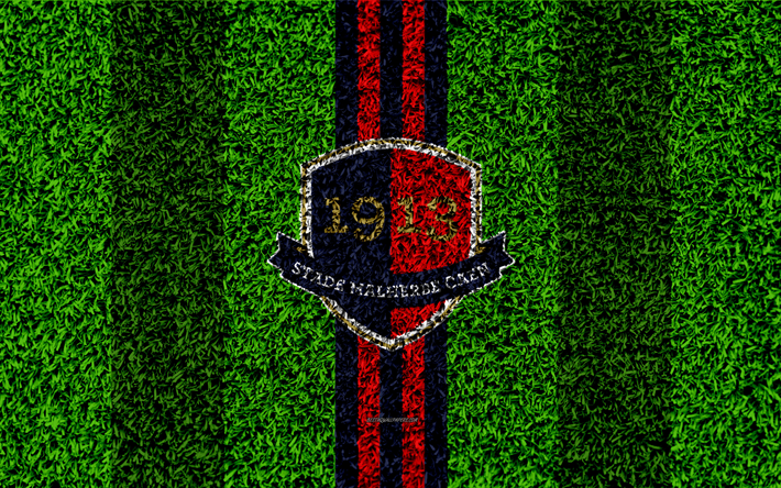 Le Stade Malherbe de Caen, 4k, football de la pelouse, un logo, un club fran&#231;ais de football, de l&#39;herbe, de la texture, de l&#39;embl&#232;me bleu rouge lignes, Ligue 1, Caen, France, football, FC Caen