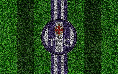 Toulouse FC, TFC, 4k, football lawn, logo, French football club, grass texture, emblem, white-white lines, Ligue 1, Toulouse, France, football