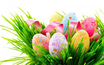 Easter decorative eggs, spring, pink ribbon, Easter, green grass