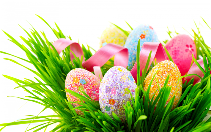 Dekoratif Paskalya yumurtaları, bahar, pembe kurdele, Paskalya, yeşil &#231;imen